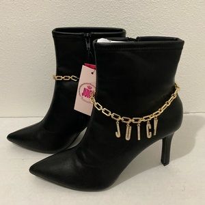 Juicy Couture Womens Black Lacey Booties Gold Chain Blinged Logo Boots Size 10